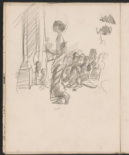 Standing woman before seated figures
