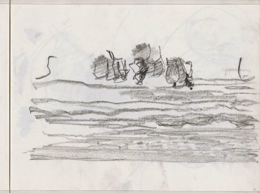 Figures and beach chairs by the surf