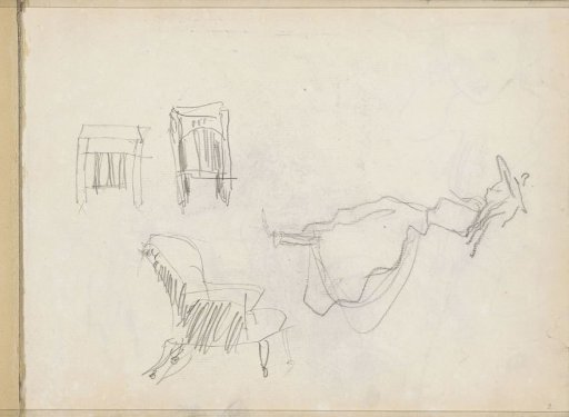 Study sheet with an armchair and a standing girl, in profile