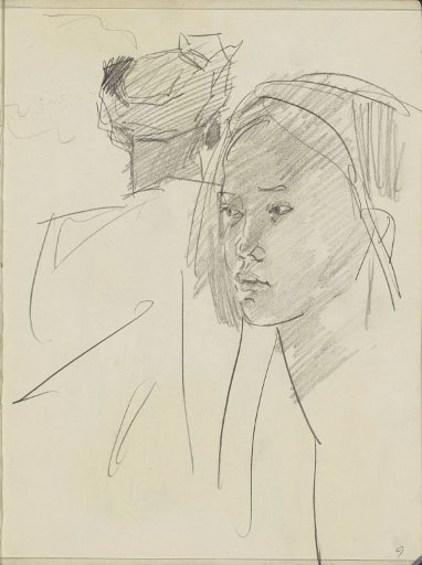 Woman's head and a man, seen from behind