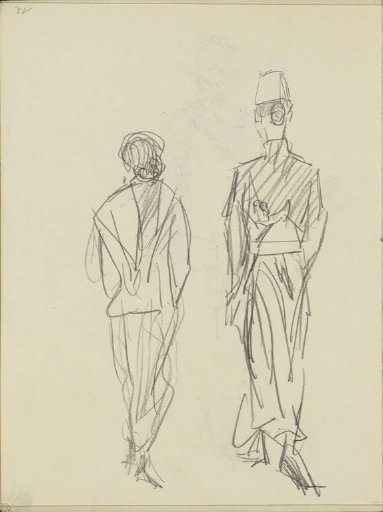 Standing woman and man with a fez, seen from behind
