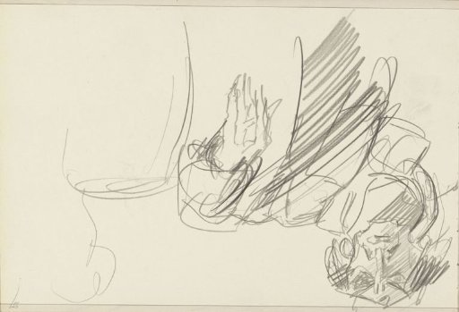 Seated figure with raised left arm