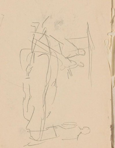 Figures, possibly partly under an awning