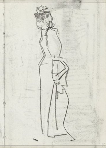 Standing woman with hat, in profile
