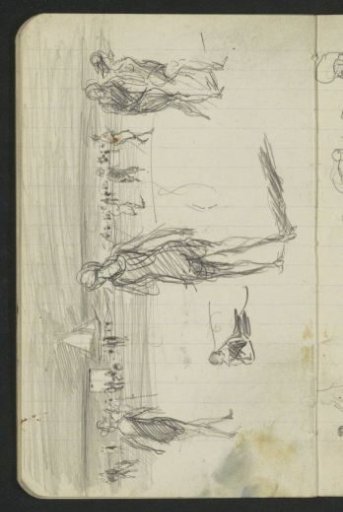 Figures in bathing attire on the beach