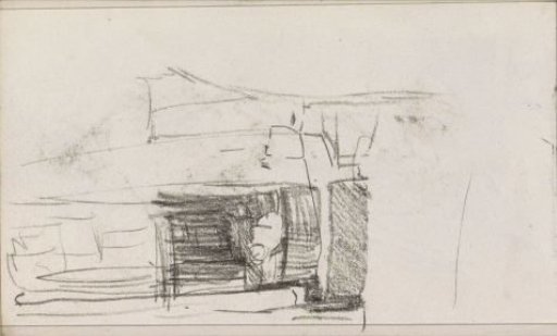 Study, possibly a cat on the stairs before a door