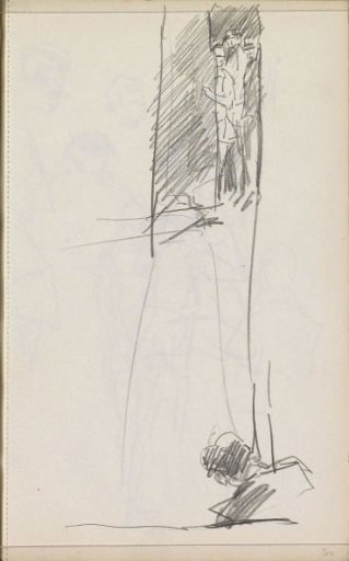 Figures, possibly between curtains