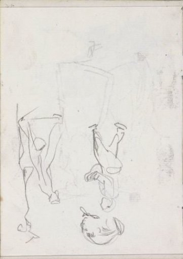 Walking figures and a woman's head