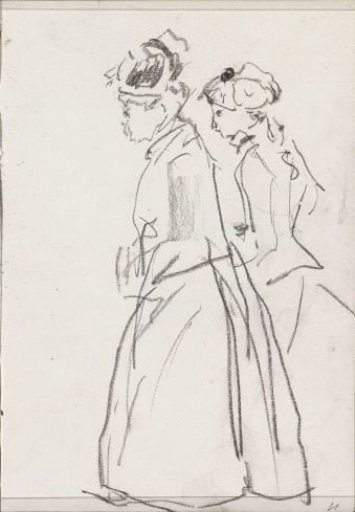 Two walking women, in profile
