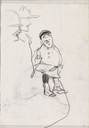 Standing boy and two figures, in profile