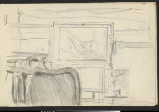 Painting on an easel in front of a chair