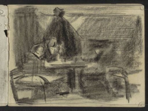 Figures at a table in an interior