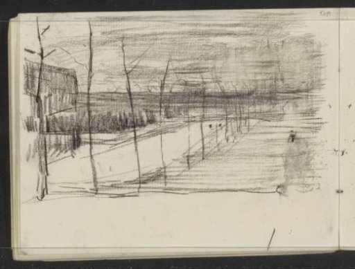 Flat landscape with bare trees and buildings