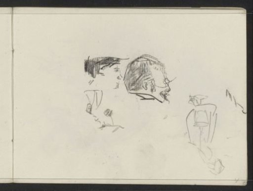 Man's head, woman's head, and a woman with a bucket