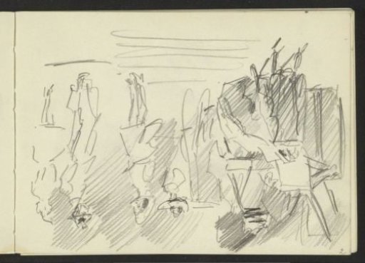 Standing figures, possibly artists behind the curtains