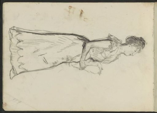 Standing woman with a feather fan, in profile
