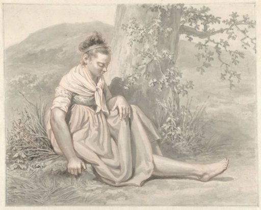 Peasant girl sitting on the ground next to a tree