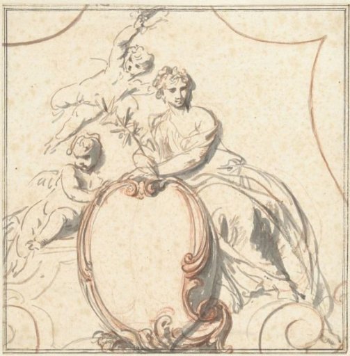 Allegorical female figure with two putti above a rocaille cartouche
