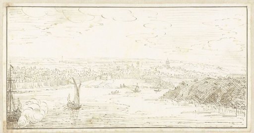 View across the water of a walled town