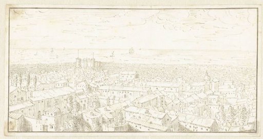 View of a town with a fortress in the distance