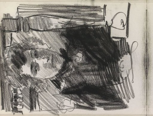 Woman, possibly in front of a cabinet