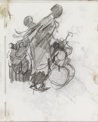 Two figures bending forward before musicians
