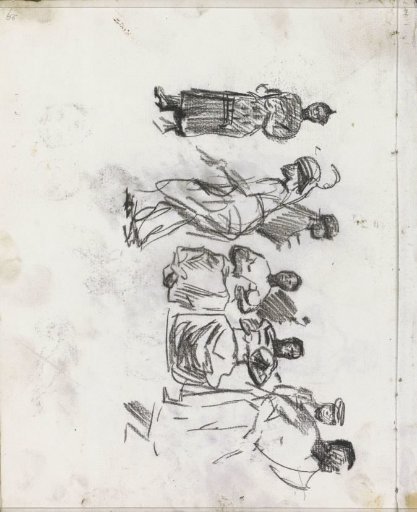 Standing figures before musicians