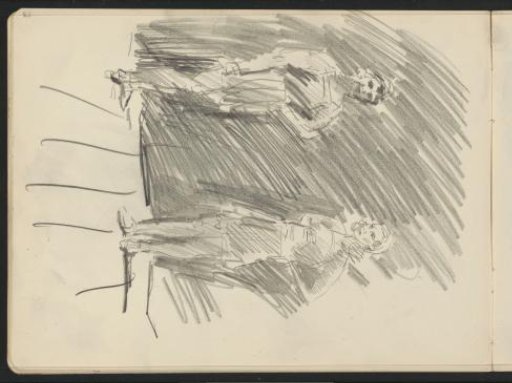 Two standing figures, possibly for a stage backdrop