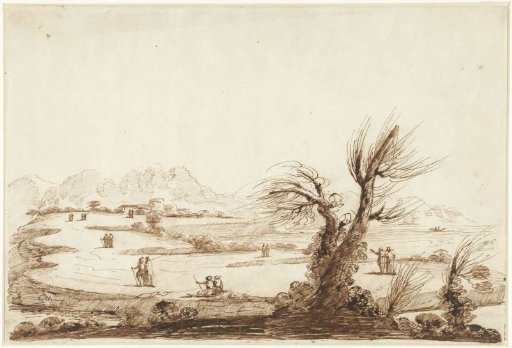 Landscape with Figures and a Leafless Willow in the Foreground