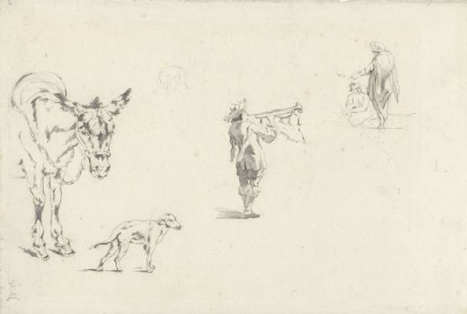 Studies of, among others, a Donkey, a Dog, and a Trumpeter