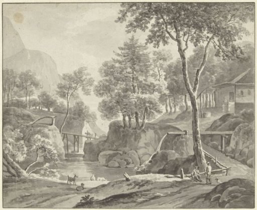 Landscape with river, walkers and cattle
