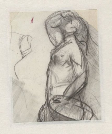 Standing female nude, looking up with hand above eyes