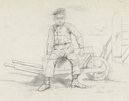 Peasant boy sitting on a wheelbarrow