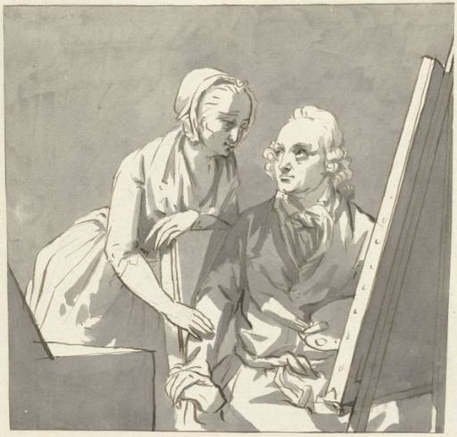 Painter before his easel, behind his chair a young woman