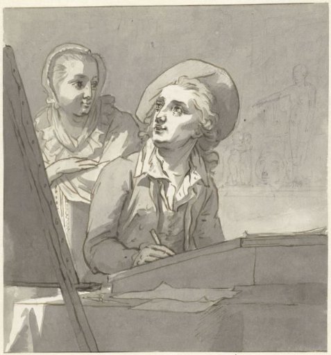 Self-portrait of Taco Scheltema (?), with behind his chair a young woman