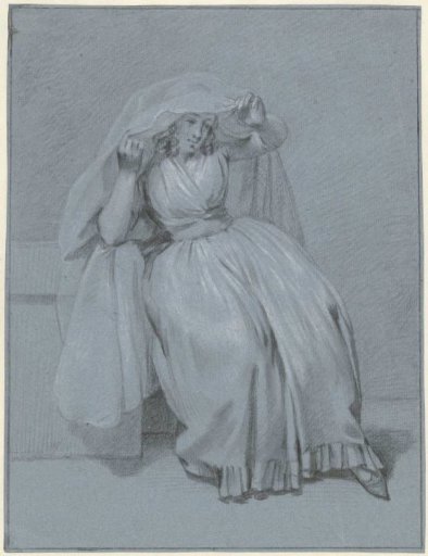Seated woman holding a veil over her head