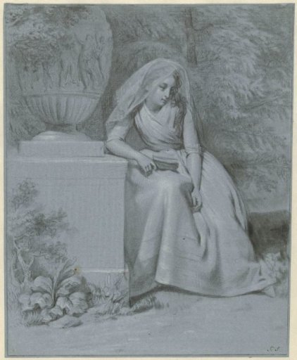 Woman seated in a garden next to a large garden vase