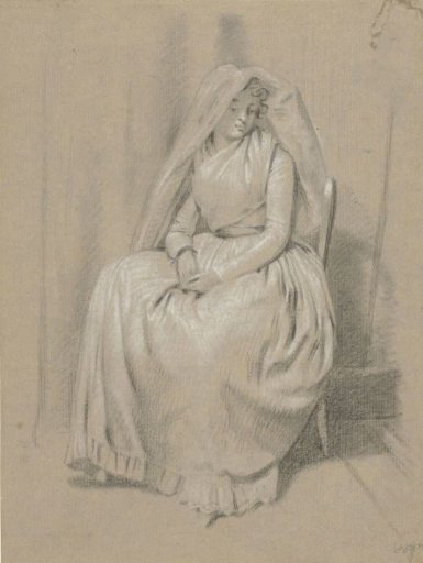 Seated woman with veil over her head
