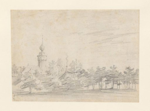 Houses and a church tower with an onion-shaped spire among trees