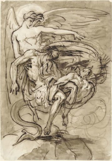 Struggle between an angel and a devil for the soul of a human
