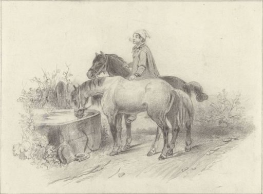 Peasant with two horses at a watering trough