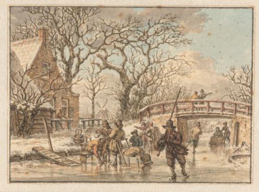 Winter landscape with skaters on a canal