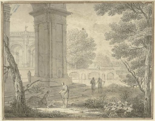 Arcadian landscape with ancient buildings and a few figures