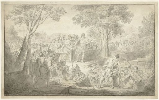Scene from ancient history: a man throws a stone at a Roman general