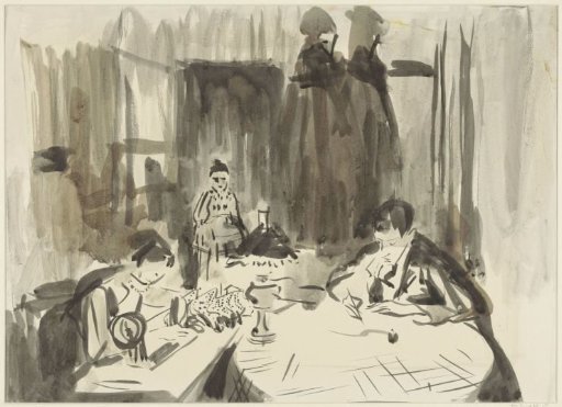 Interior with three figures by lamplight