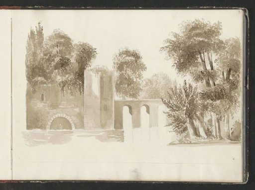 Wooded landscape with a bridge over water