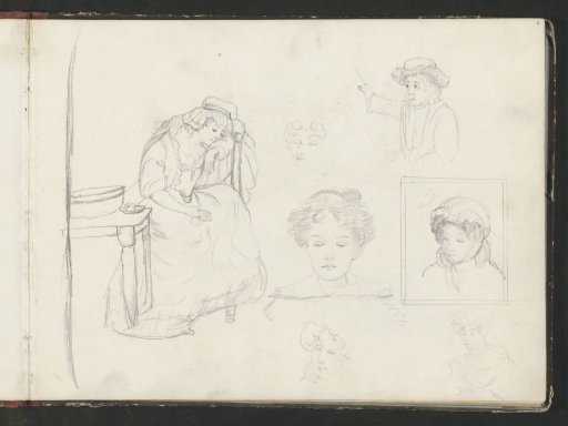 Study sheet with a seated woman at a table and heads