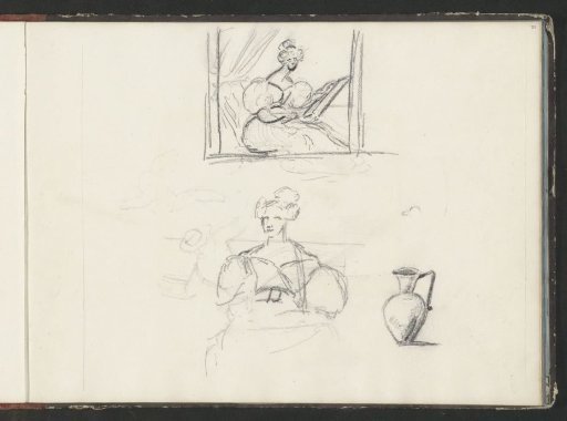 Study sheet with a portrait of a woman in a frame, figures and a vase