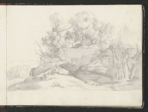 Hilly landscape with a house, waterfall, and cattle