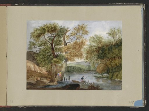 Wooded landscape with a fisherman and two girls